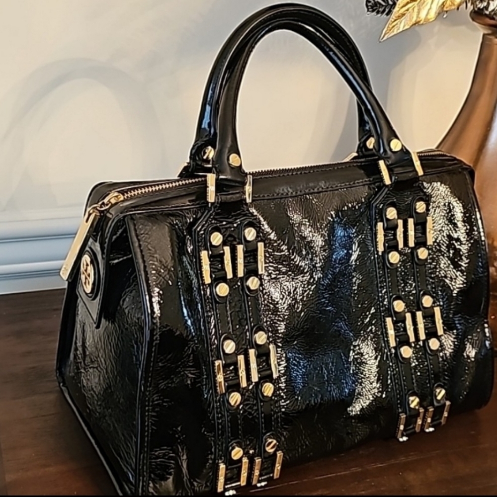Tory Burch Black Patent Leather Studded Satchel with Gold Hardware - Picture 13 of 13